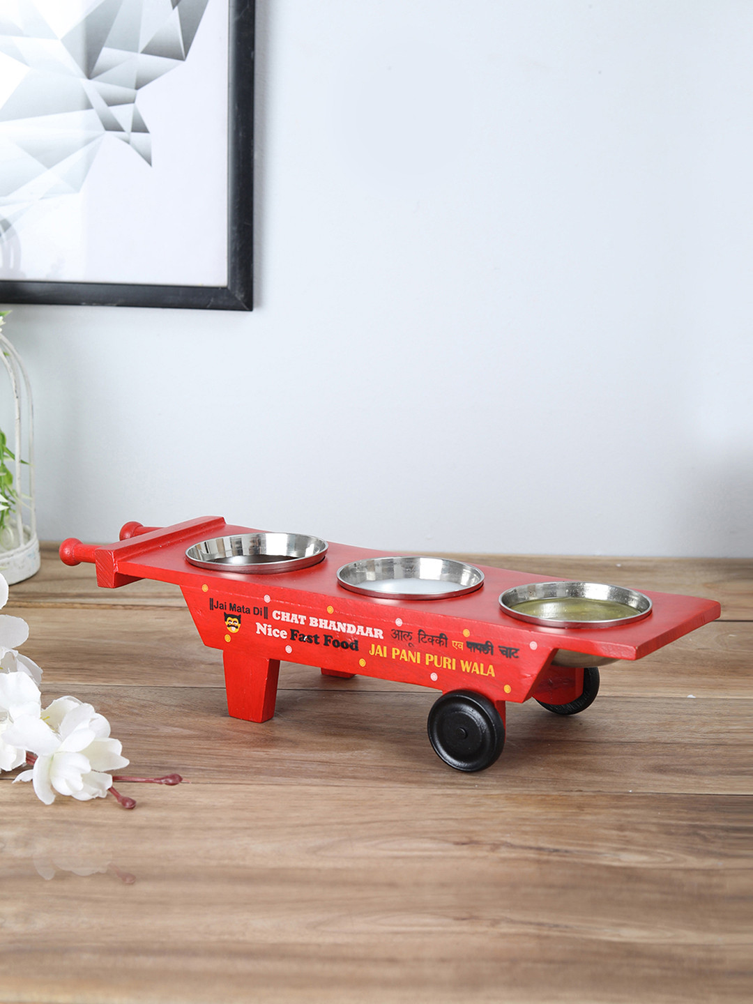 EK DO DHAI Red Hand-Painted Hath Gadi Dip with Bowls