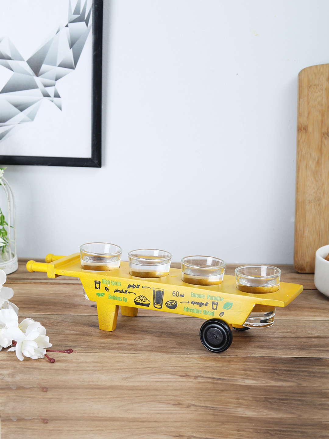 EK DO DHAI Yellow Hand-Painted Hath Gadi with Glass Bowls