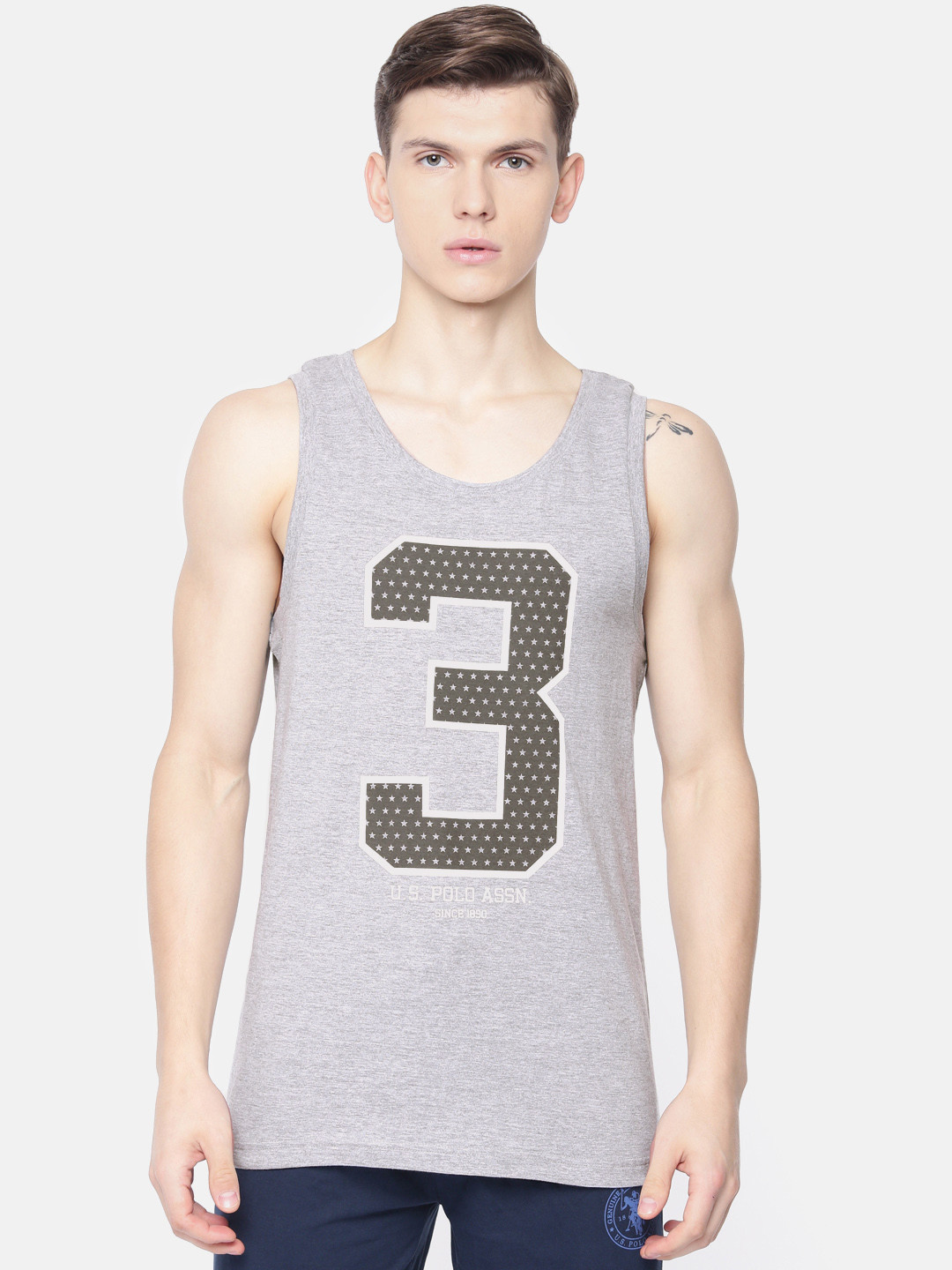 U.S. Polo Assn. Men Grey Melange Printed Innerwear Vests Y9I617-010-P1