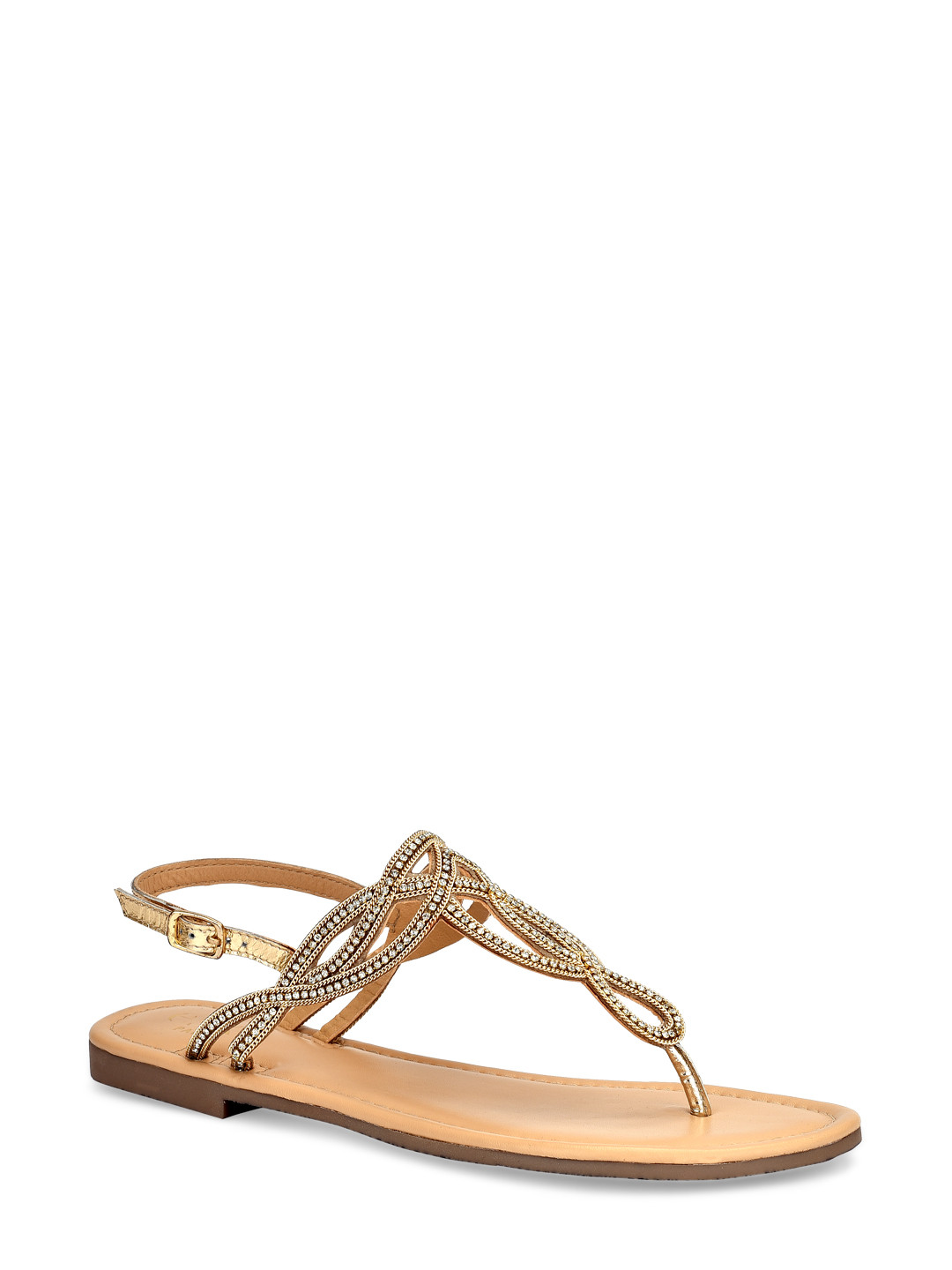 Eske Women Gold-Toned Embellished Leather T-Strap Flats