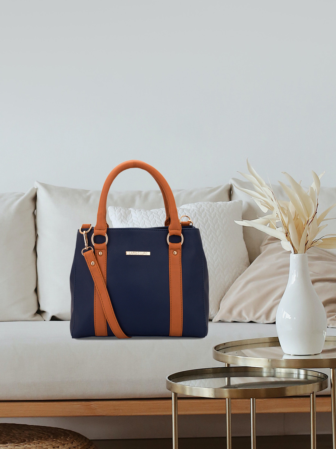 Lapis O Lupo Blue & Brown Colourblocked Handheld Bag