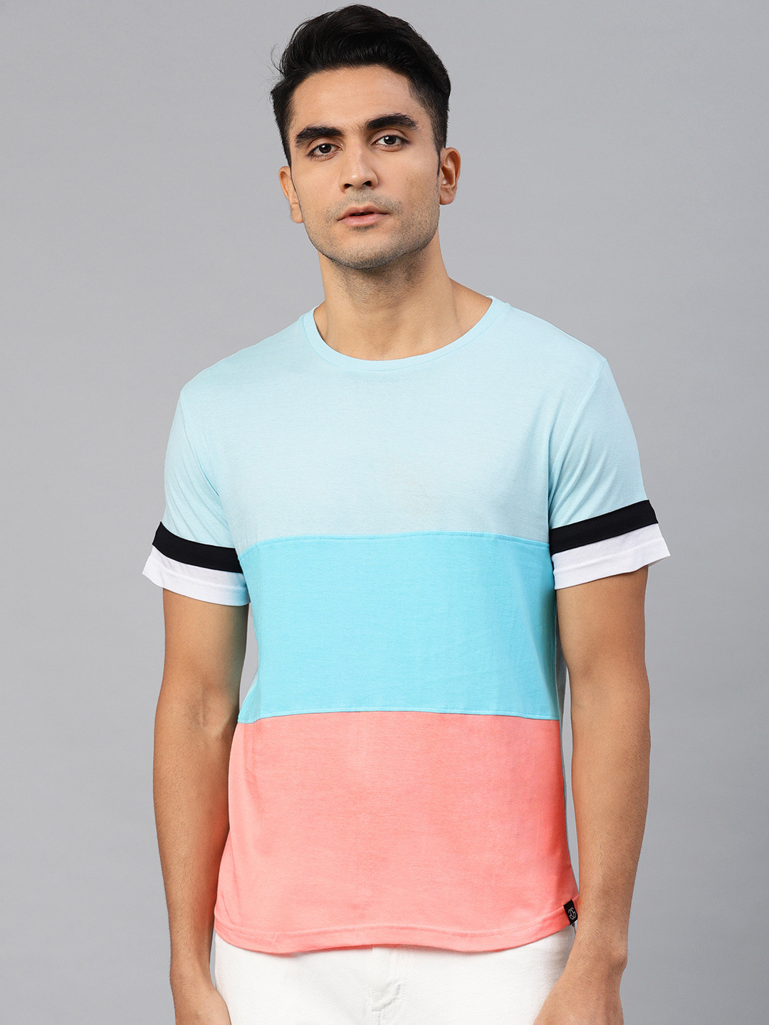 Genius18 Men Turquoise Blue  Pink Colourblocked Round Neck Pure Cotton T-shirt