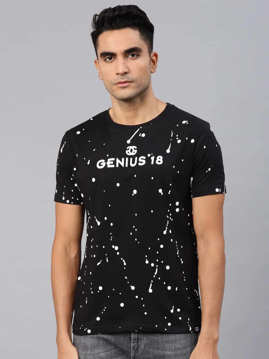 Genius18 Men Black  White Printed Round Neck Pure Cotton T-shirt