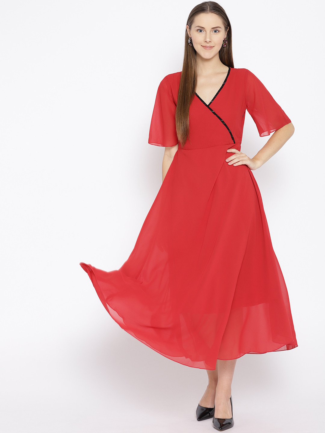 Qurvii Plus Size Women Red Solid Wrap Maxi Dress