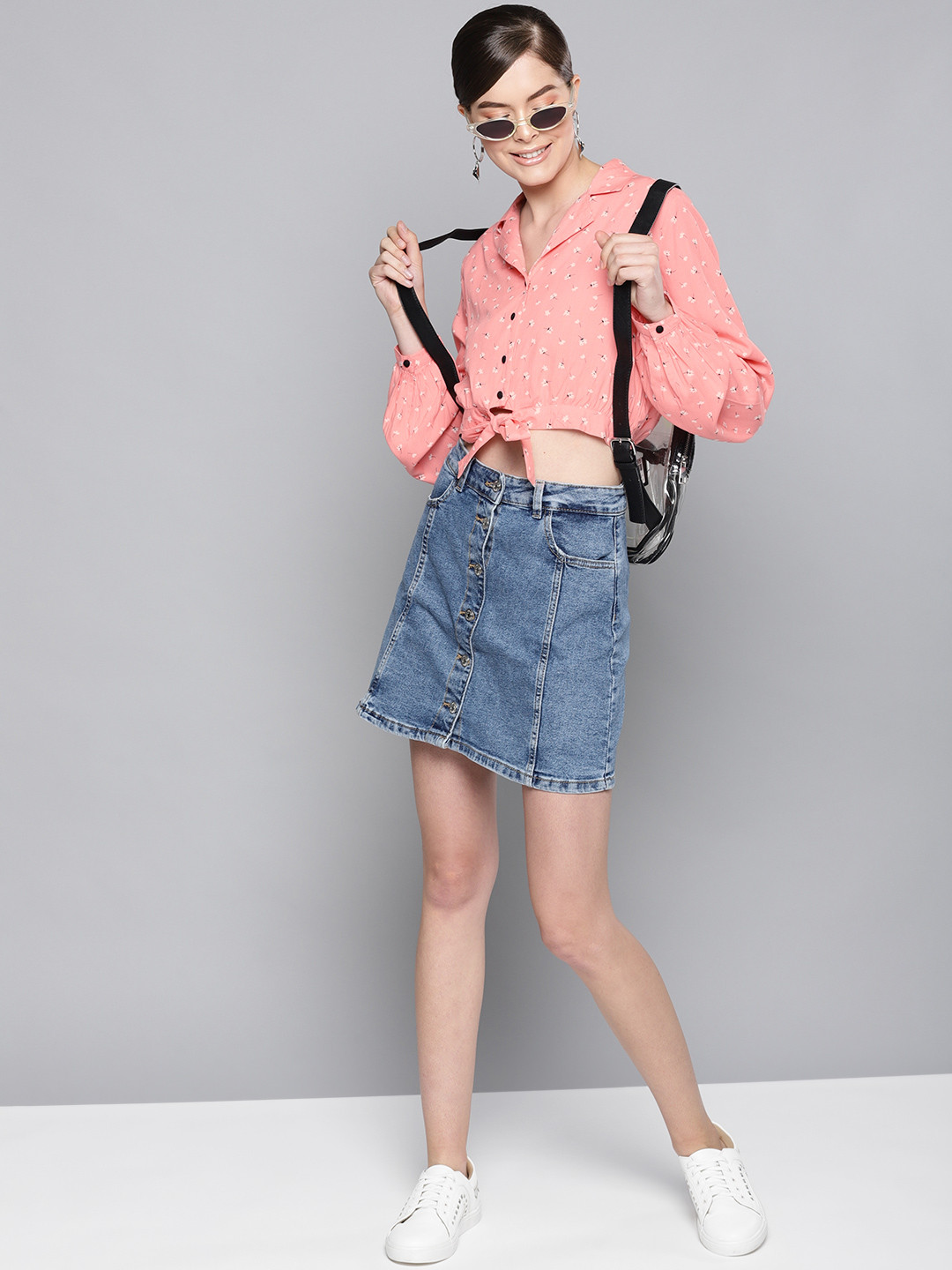 STREET 9 Women Peach-Coloured & White Regular Fit Printed Casual Crop Shirt