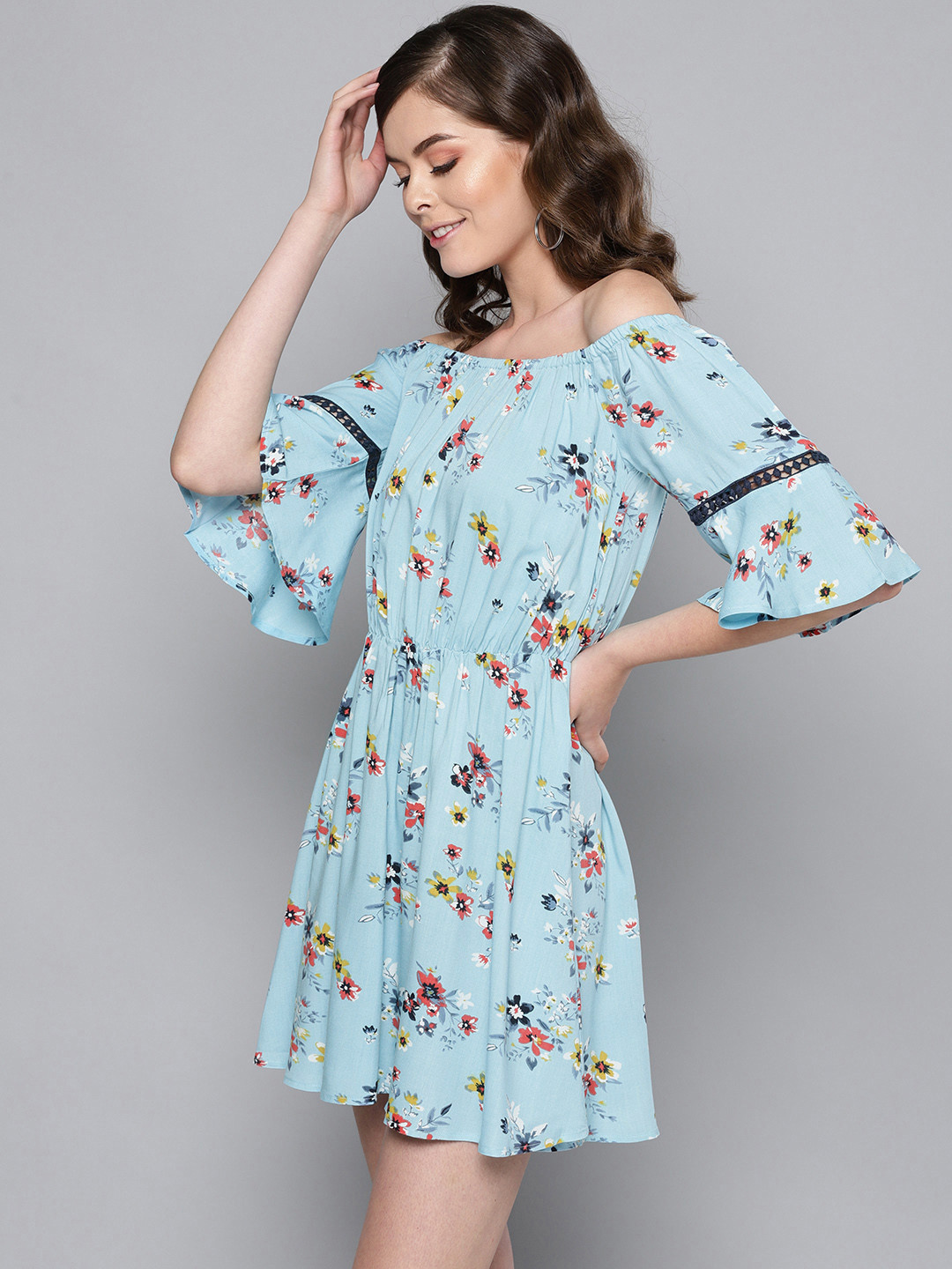STREET 9 Women Blue & Red Floral Print Fit and Flare Mini Dress