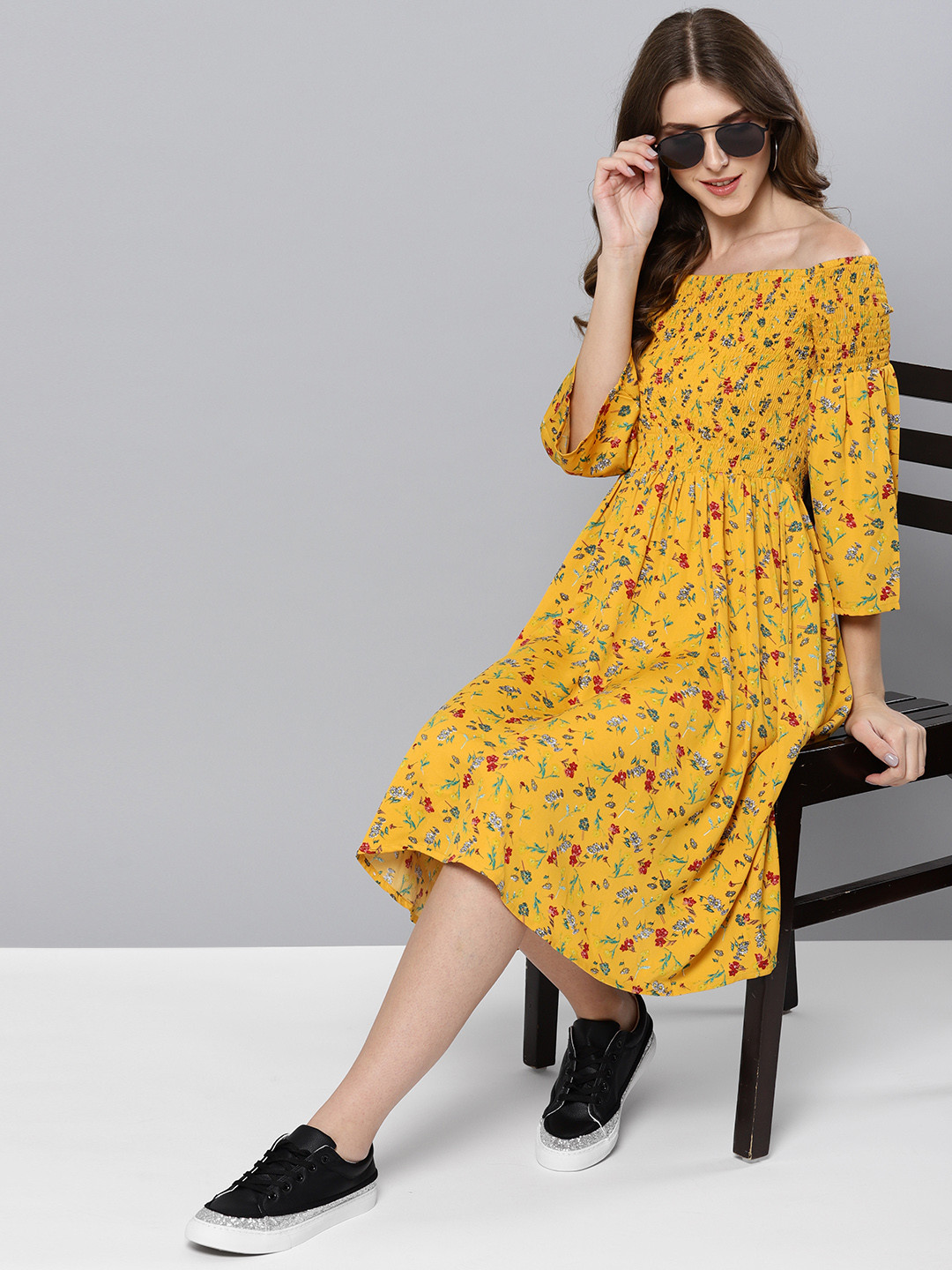 STREET 9 Women Yellow & Red Printed Off-Shoulder Fit & Flare Dress