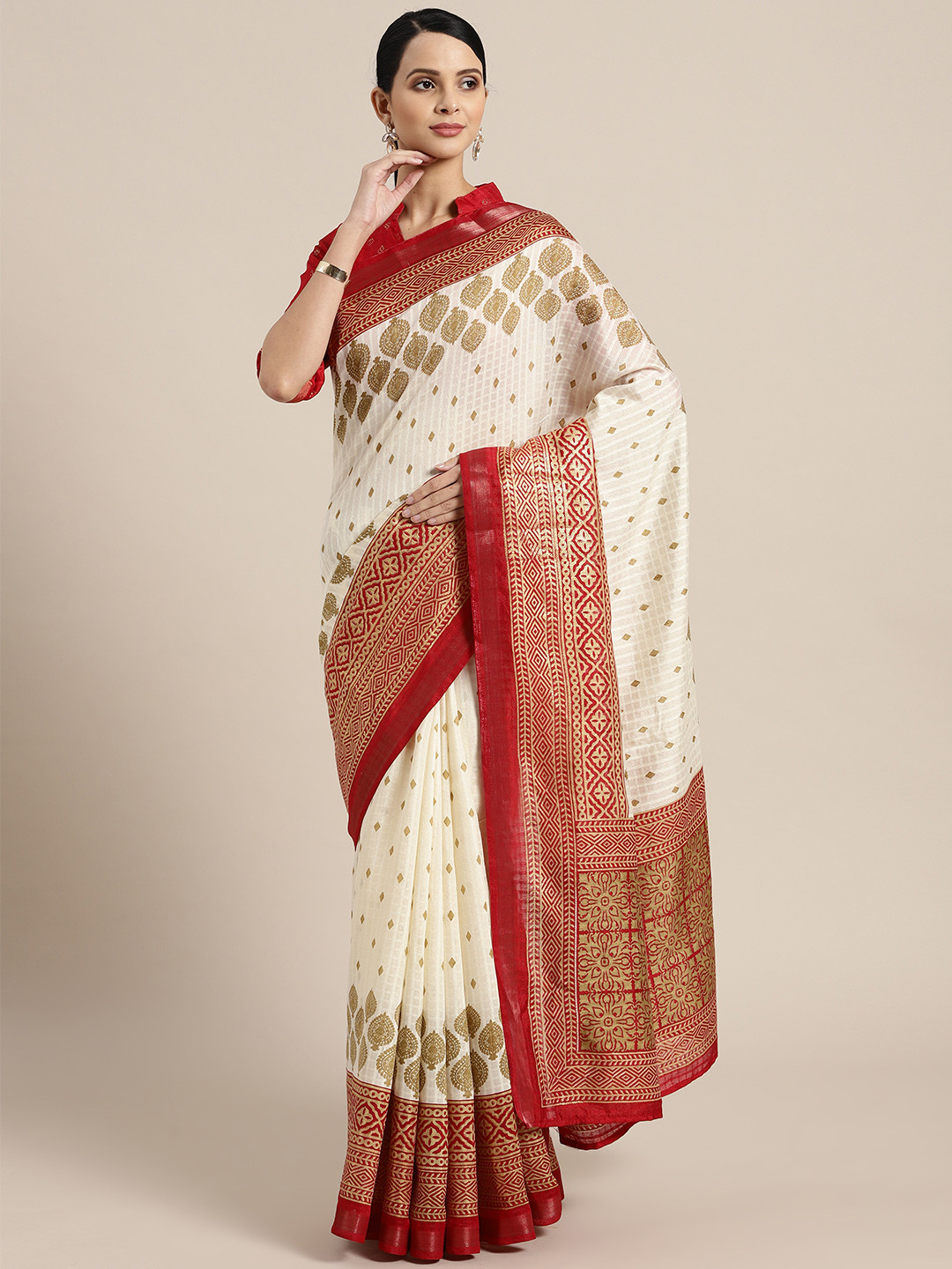 Saree mall Cream-Coloured & Maroon Printed Kasavu Saree