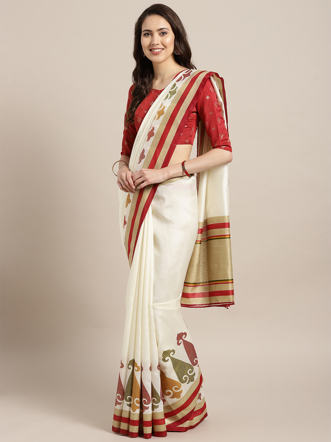 Saree mall Off-White & Maroon Solid Kasavu Saree