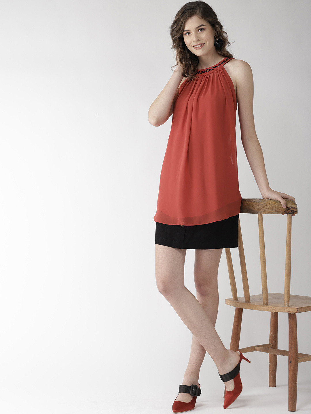 QUIERO Women Rust Red Solid A-Line Top