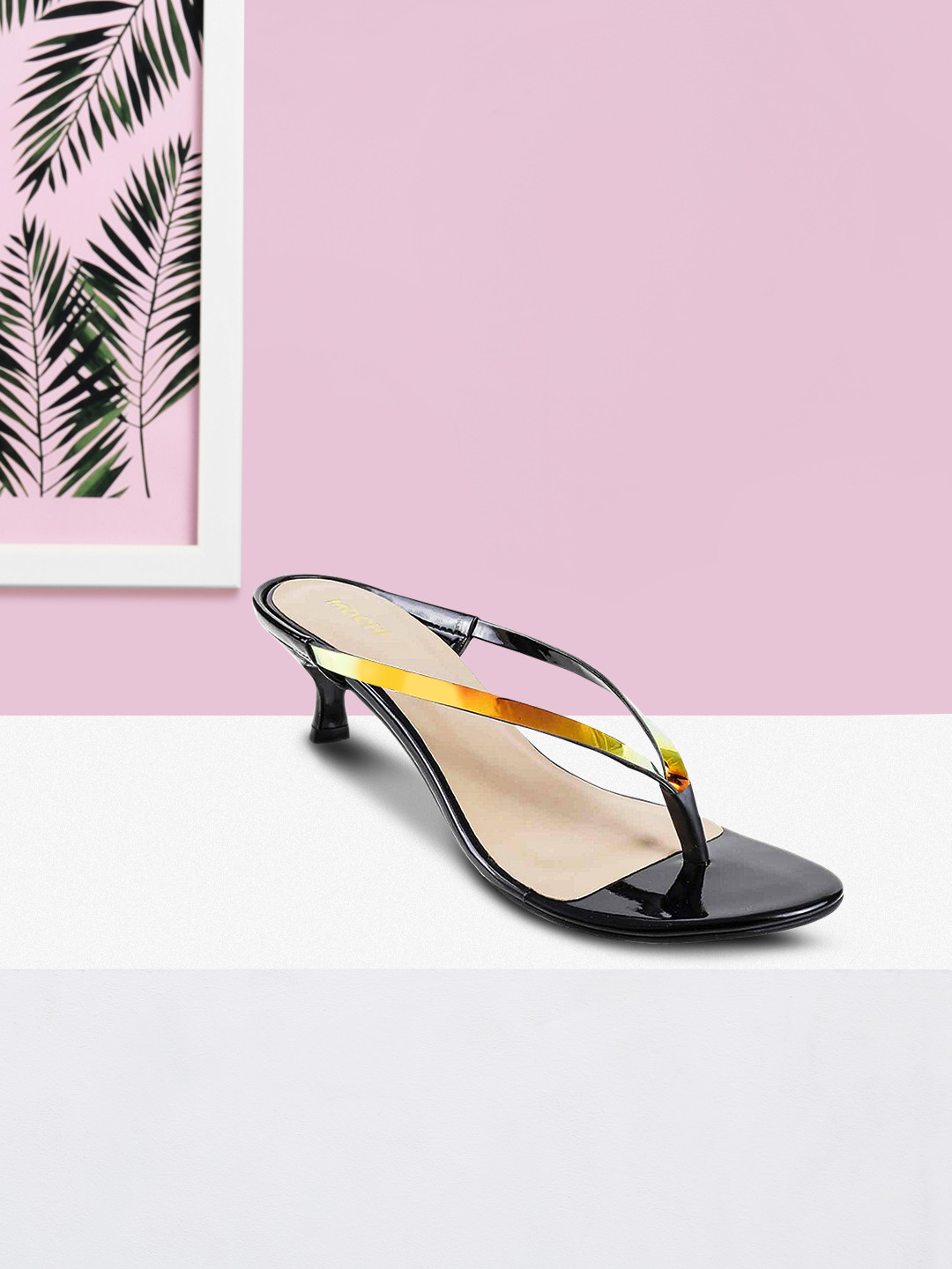 Mochi Women Gold-Toned & Black Solid Kitten Heels