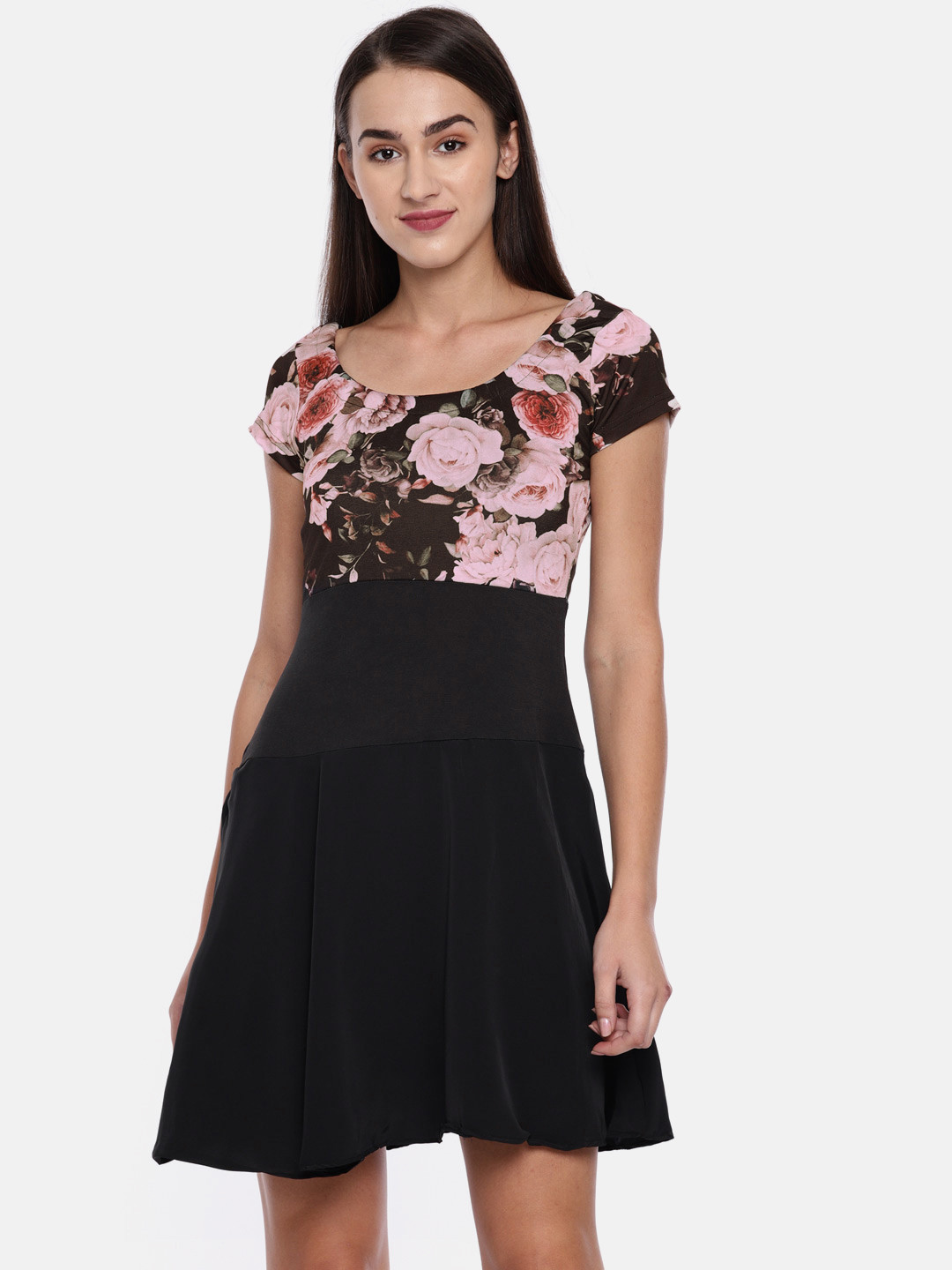 Ira Soleil Women Black & Pink Floral Printed Fit and Flare Dress