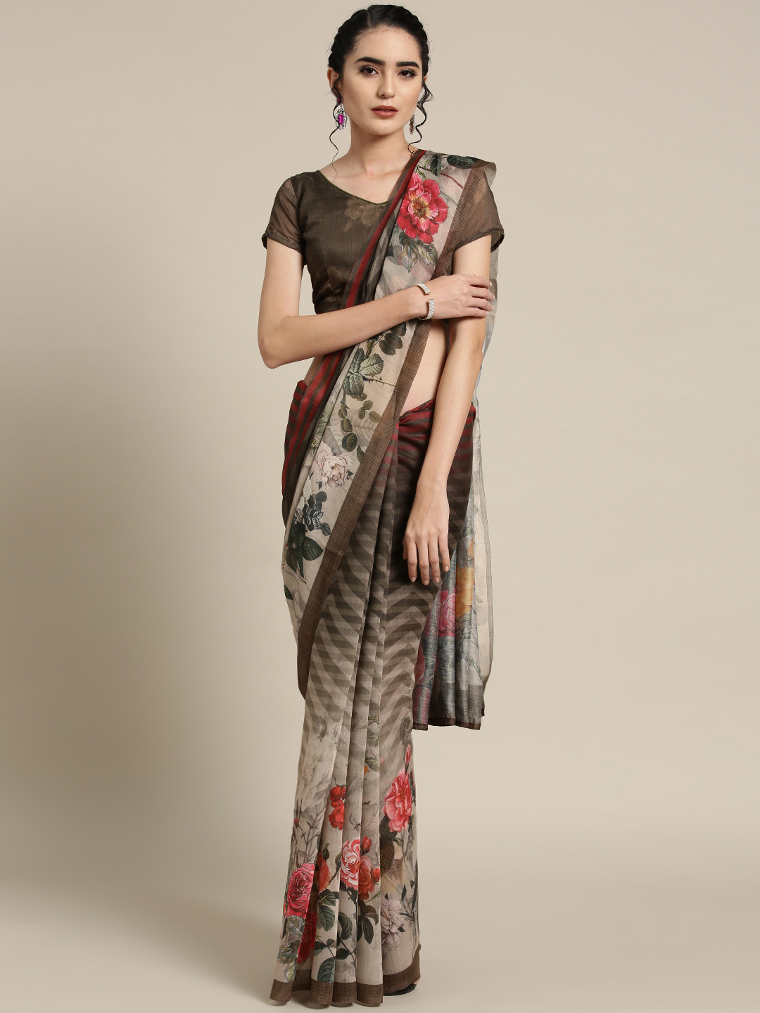 Saree mall Brown & Beige Floral Print Saree