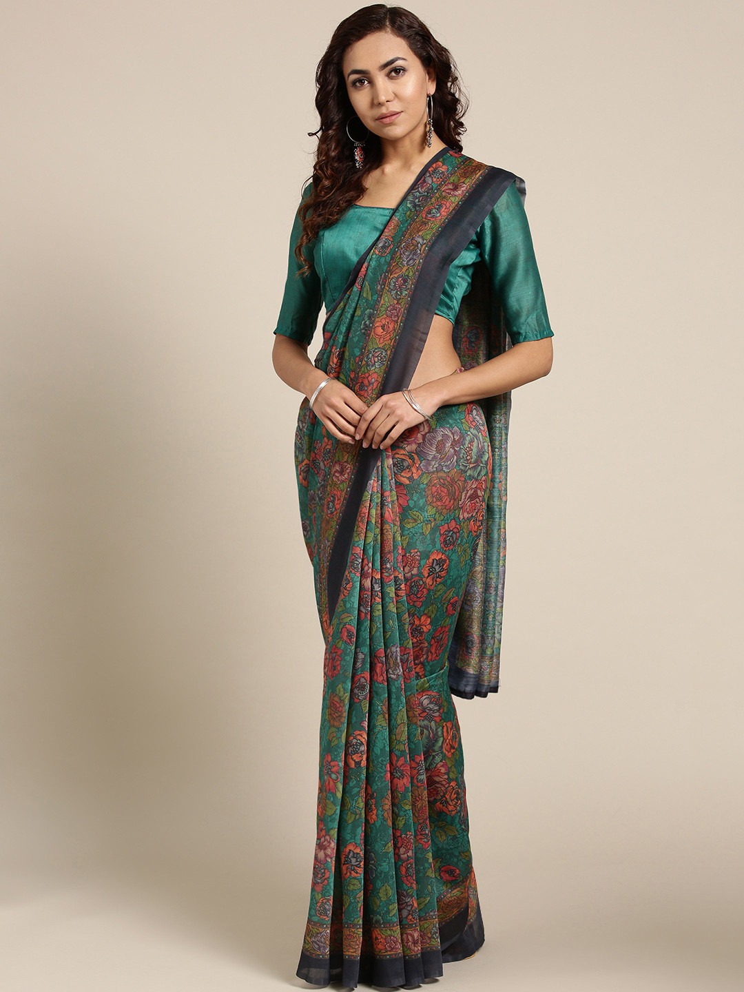 Saree mall Green & Orange Printed Saree
