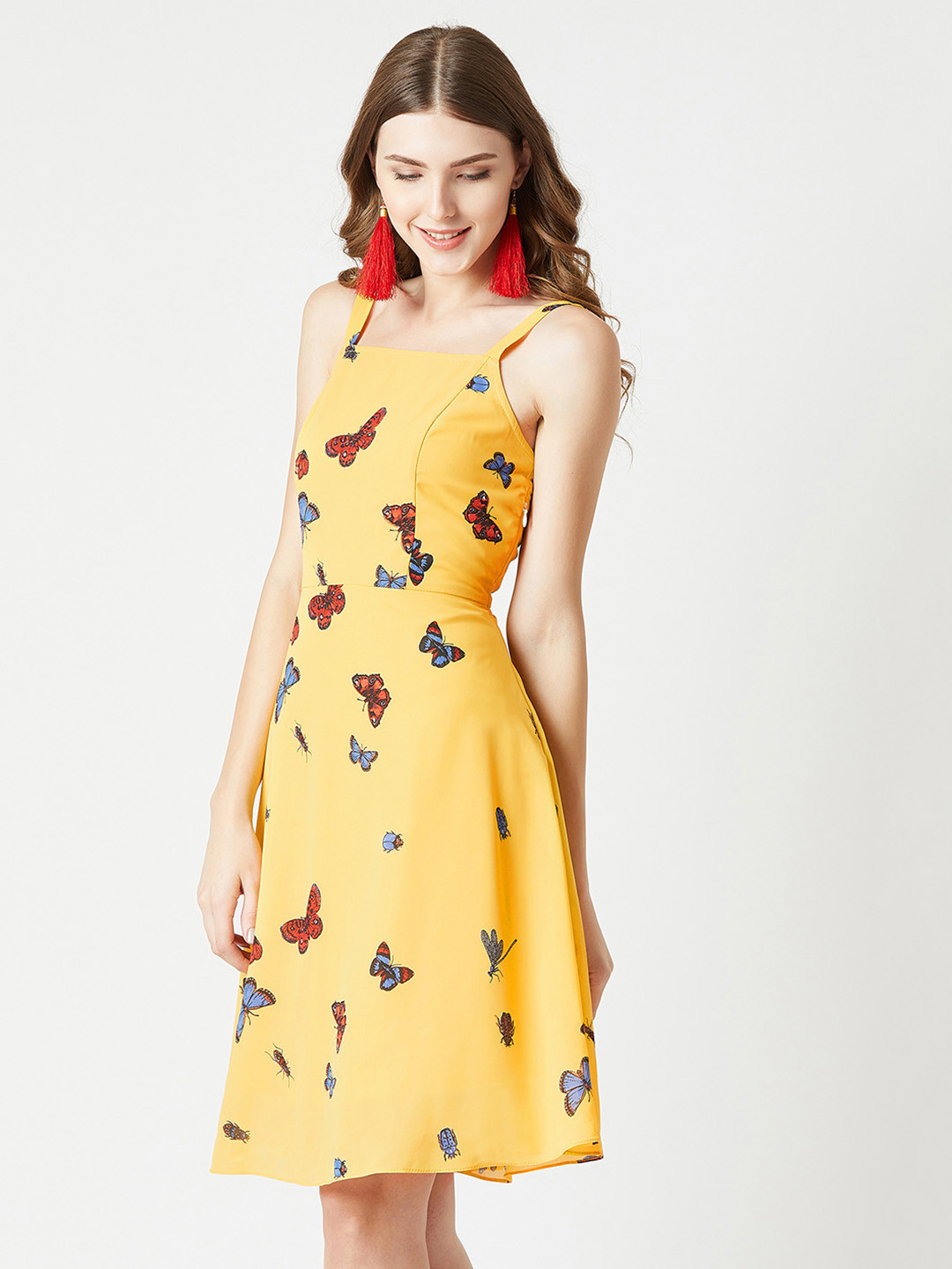 Miss Chase Women Yellow Butterfly Printed Fit and Flare Dress