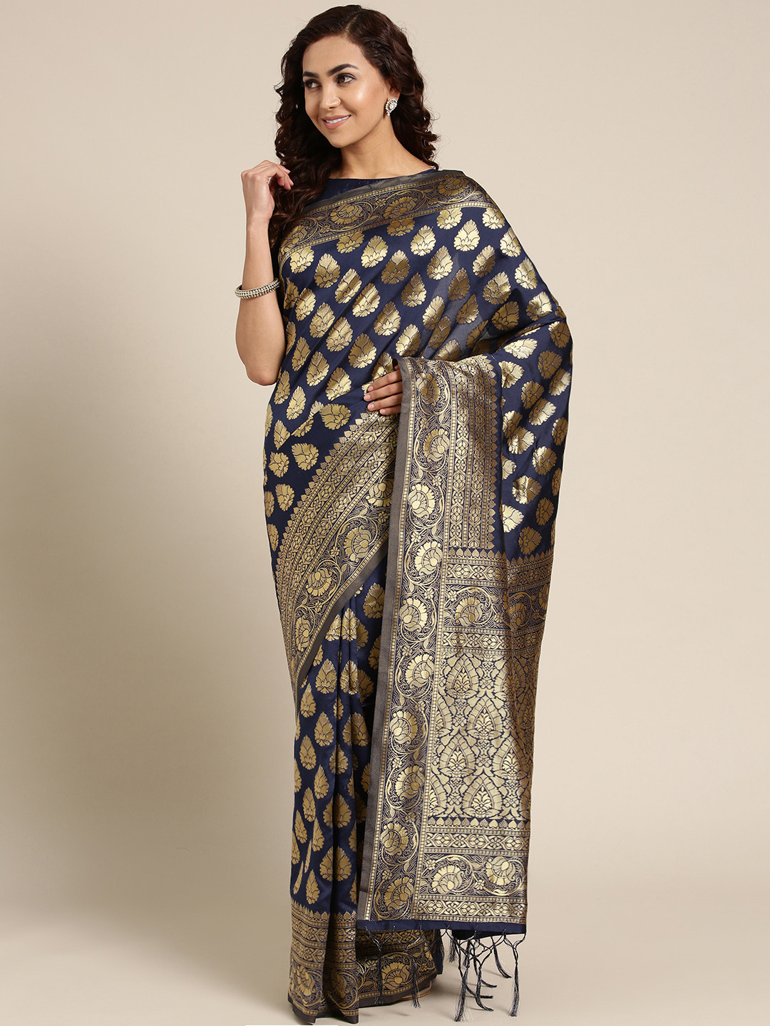 Saree mall Navy Blue & Golden Woven Design Dharmavaram Saree