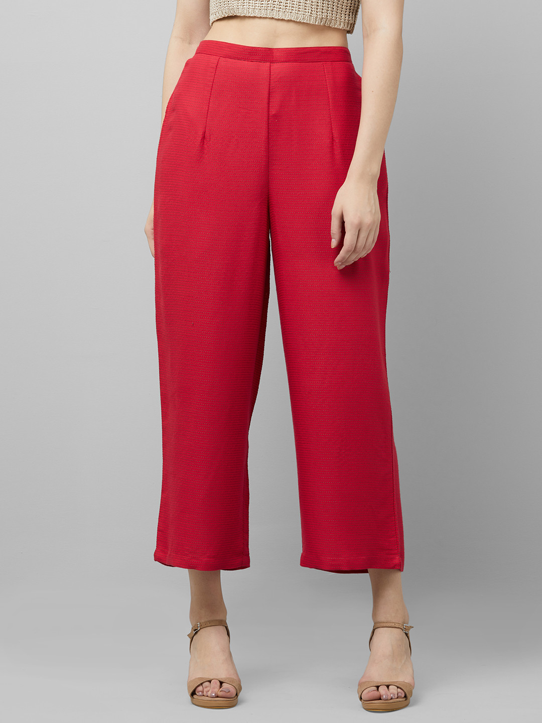 Indo Era Women Red Striped Straight Palazzos