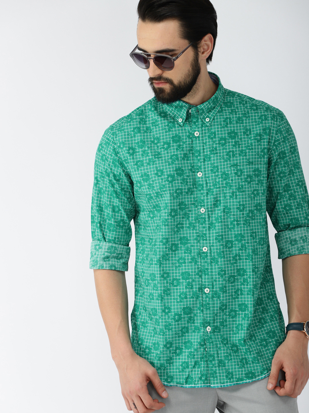 Indian Terrain Men Green & White Slim Fit Printed Casual Shirt