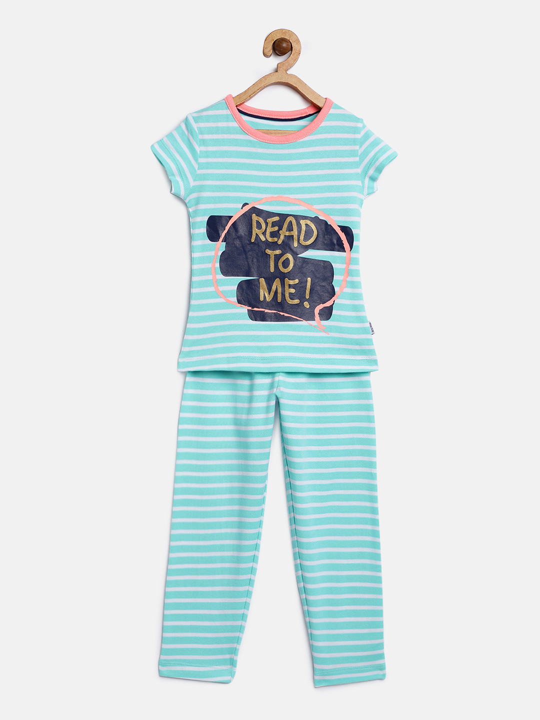mackly Girls Turquoise Blue & White Printed Nightsuit