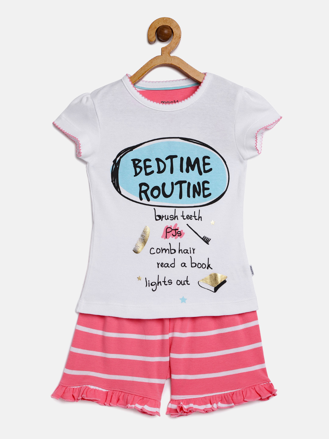 mackly Girls White & Pink Printed Night suit