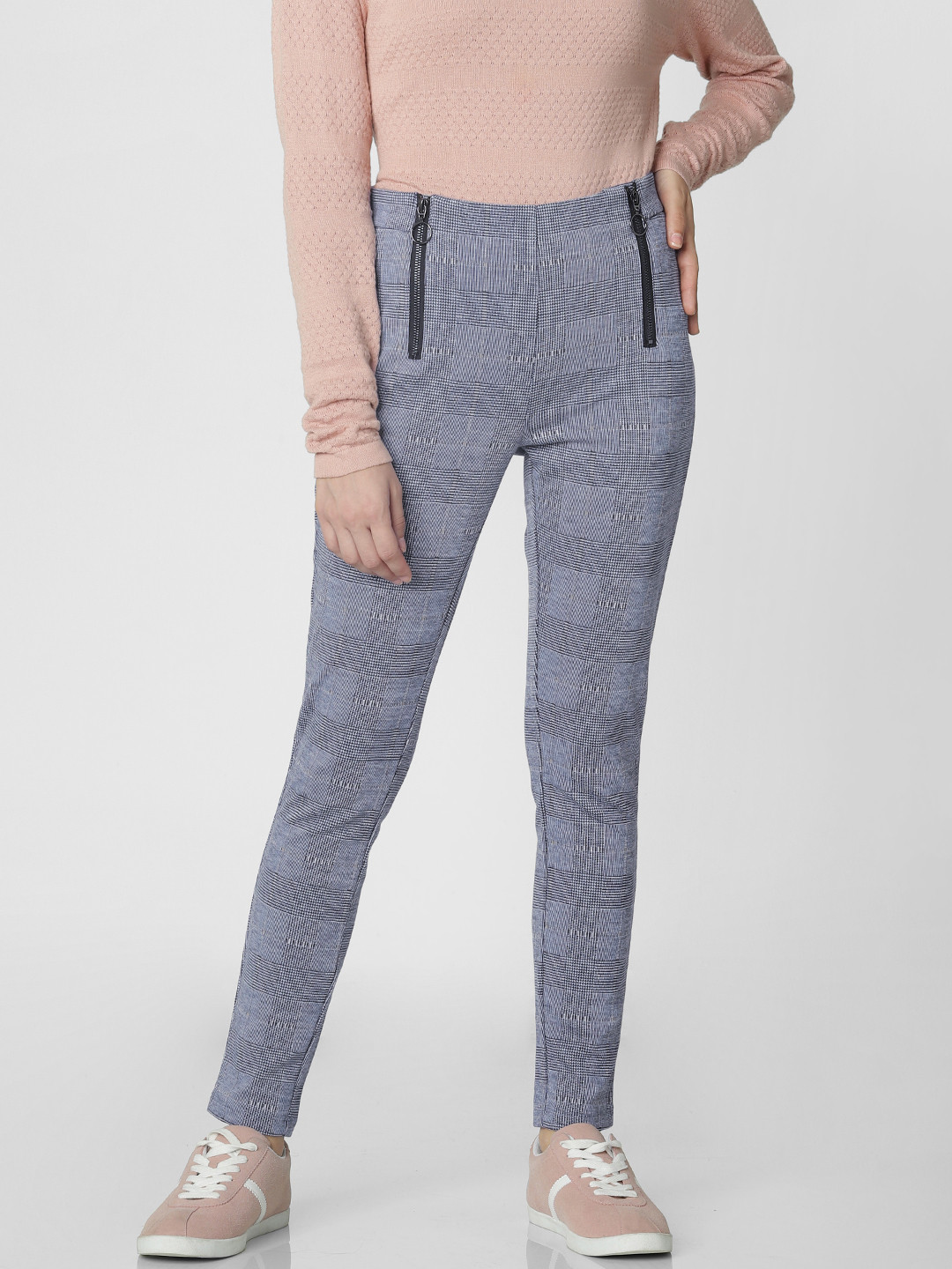 Vero Moda Women Navy Blue Regular Fit Checked Treggings
