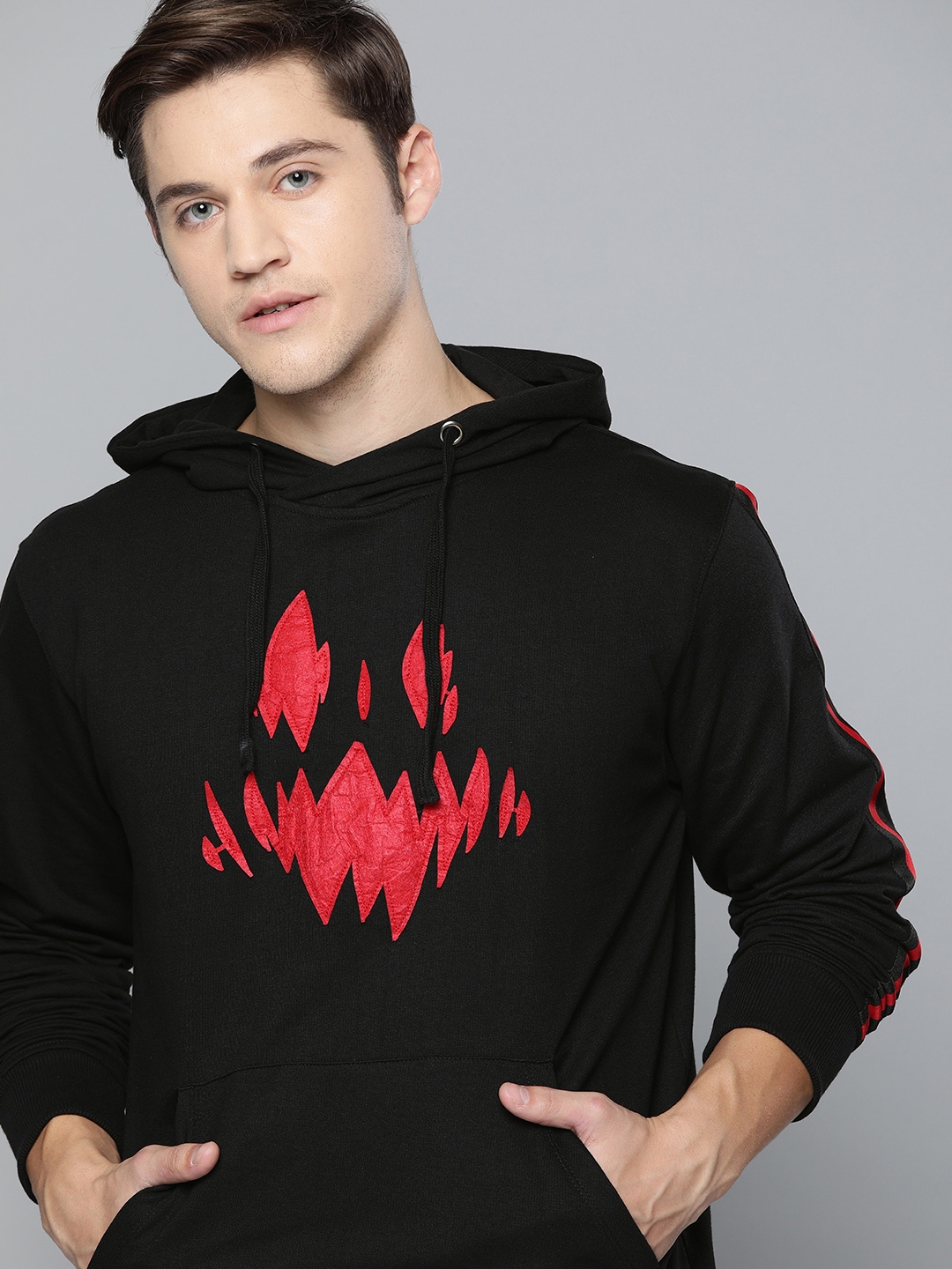 Kook N Keech Men Black Red Applique Detailed Hooded Sweatshirt