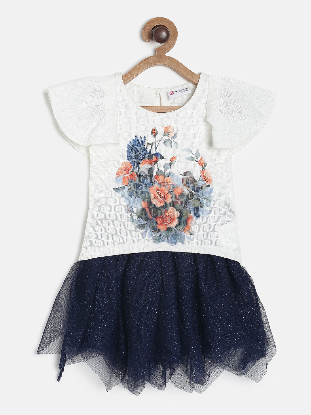Peppermint Girls Navy Blue & White Printed Top with Skirt