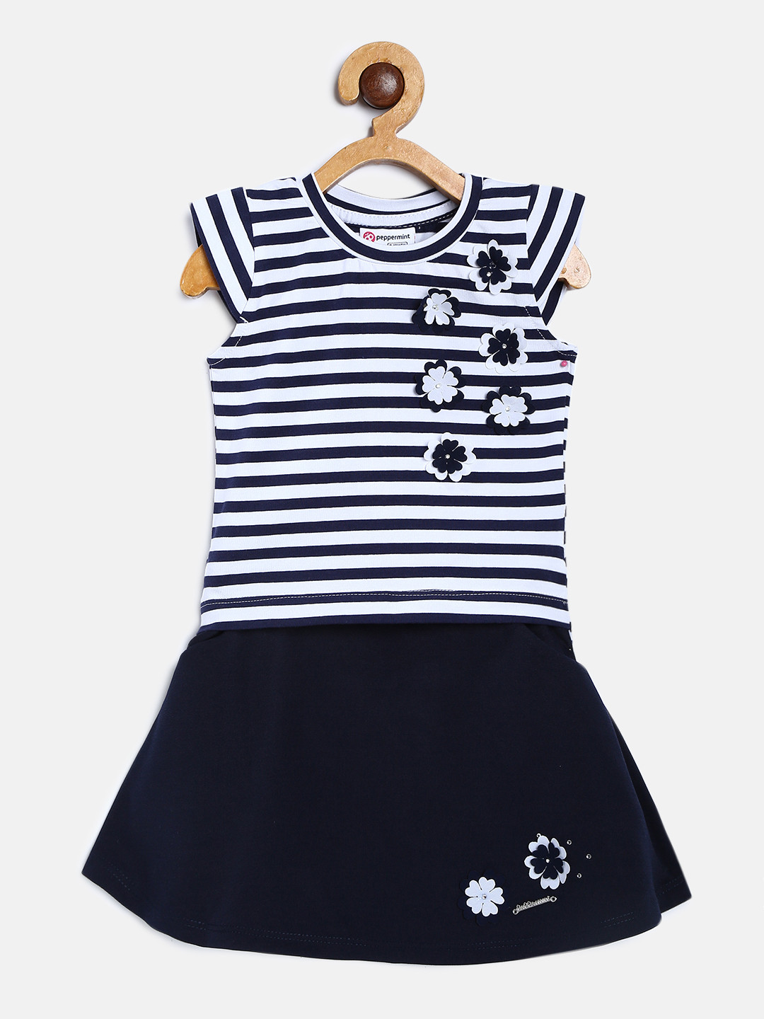 Peppermint Girls Navy Blue & White Striped Top with Skirt