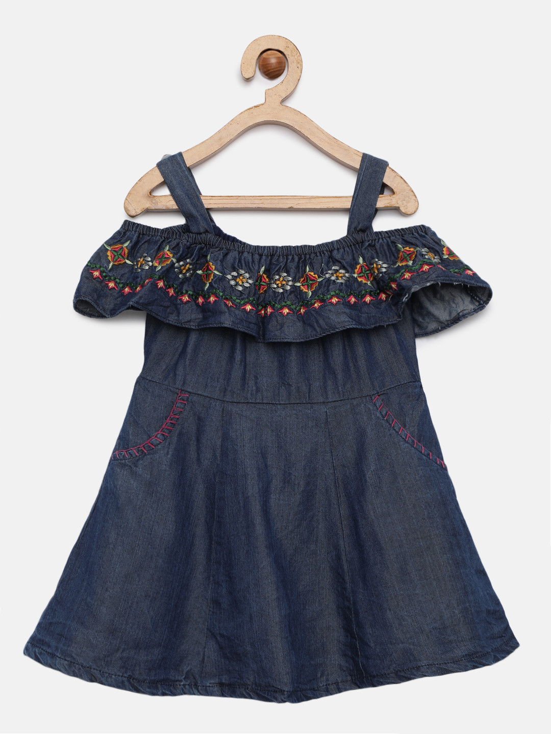 Peppermint Girls Navy Blue Embroidered Fit and Flare Dress