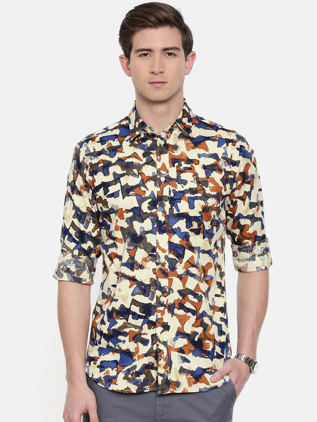 SELECTED Men Cream-Coloured Slim Fit Printed Casual Shirt