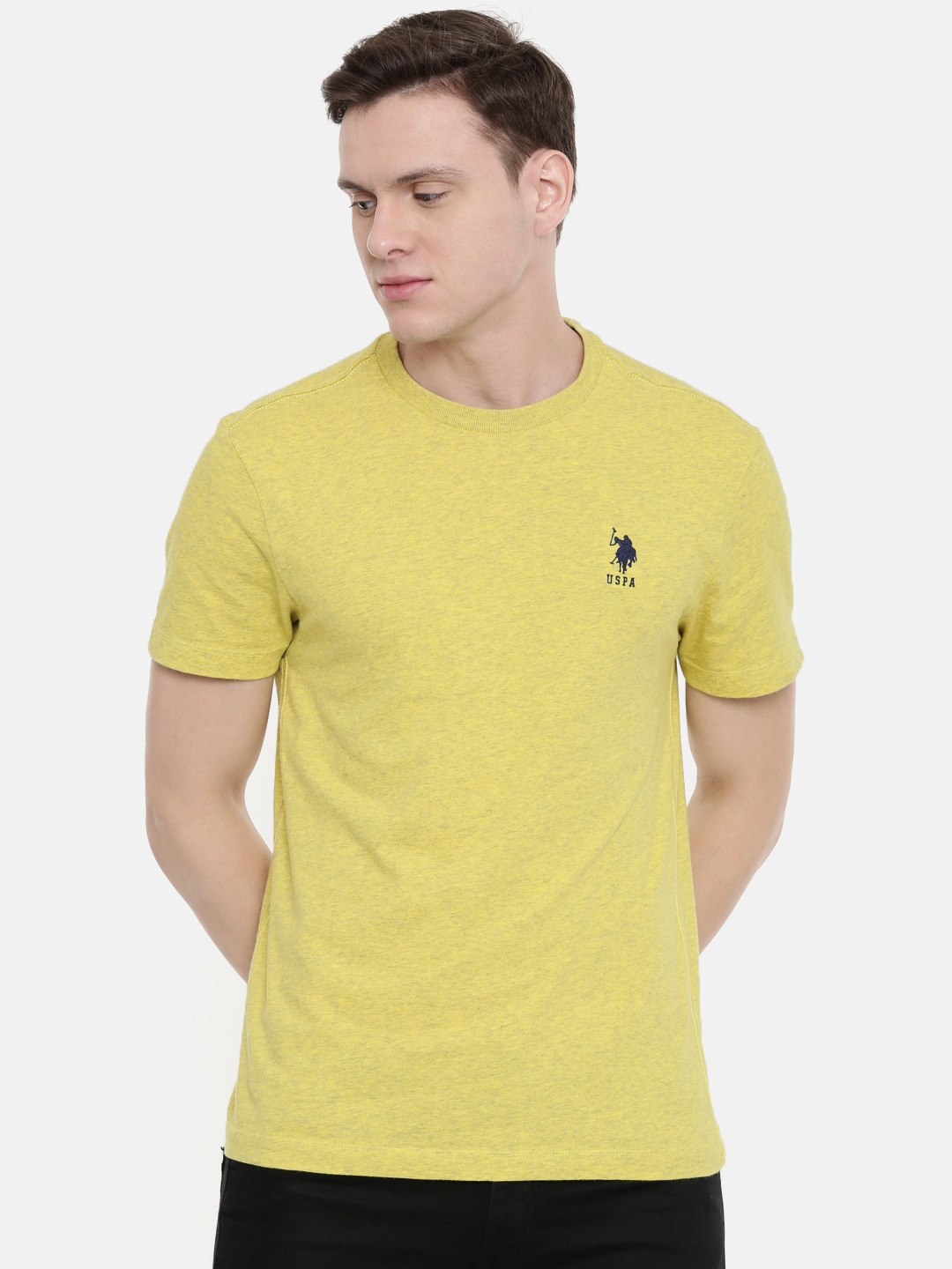 U.S. Polo Assn. Men Yellow Solid Round Neck T shirt