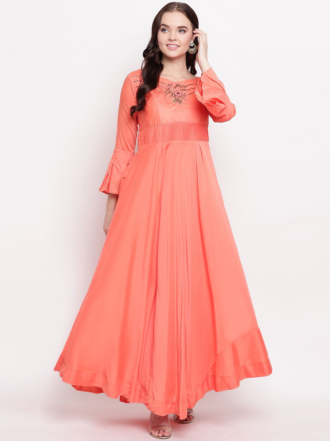 Kvsfab Women Solid Peach-Coloured Fit and Flare Dress