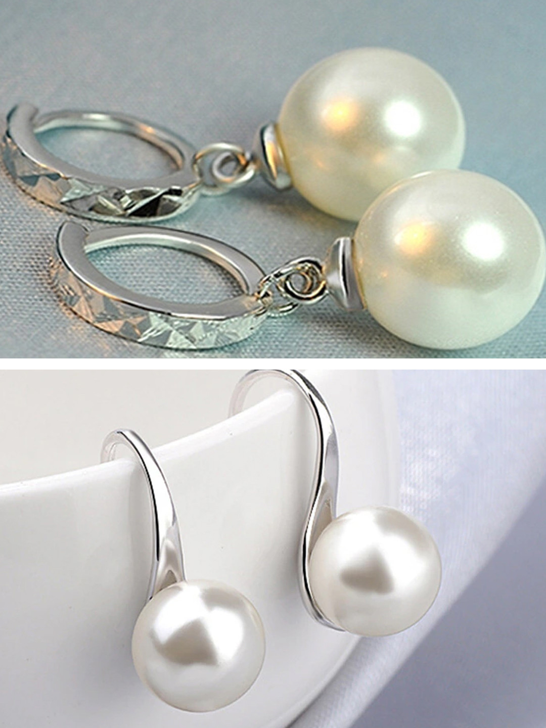 OOMPH Set of 2 Silver-Plated White Pearl Embellished Drop Earrings