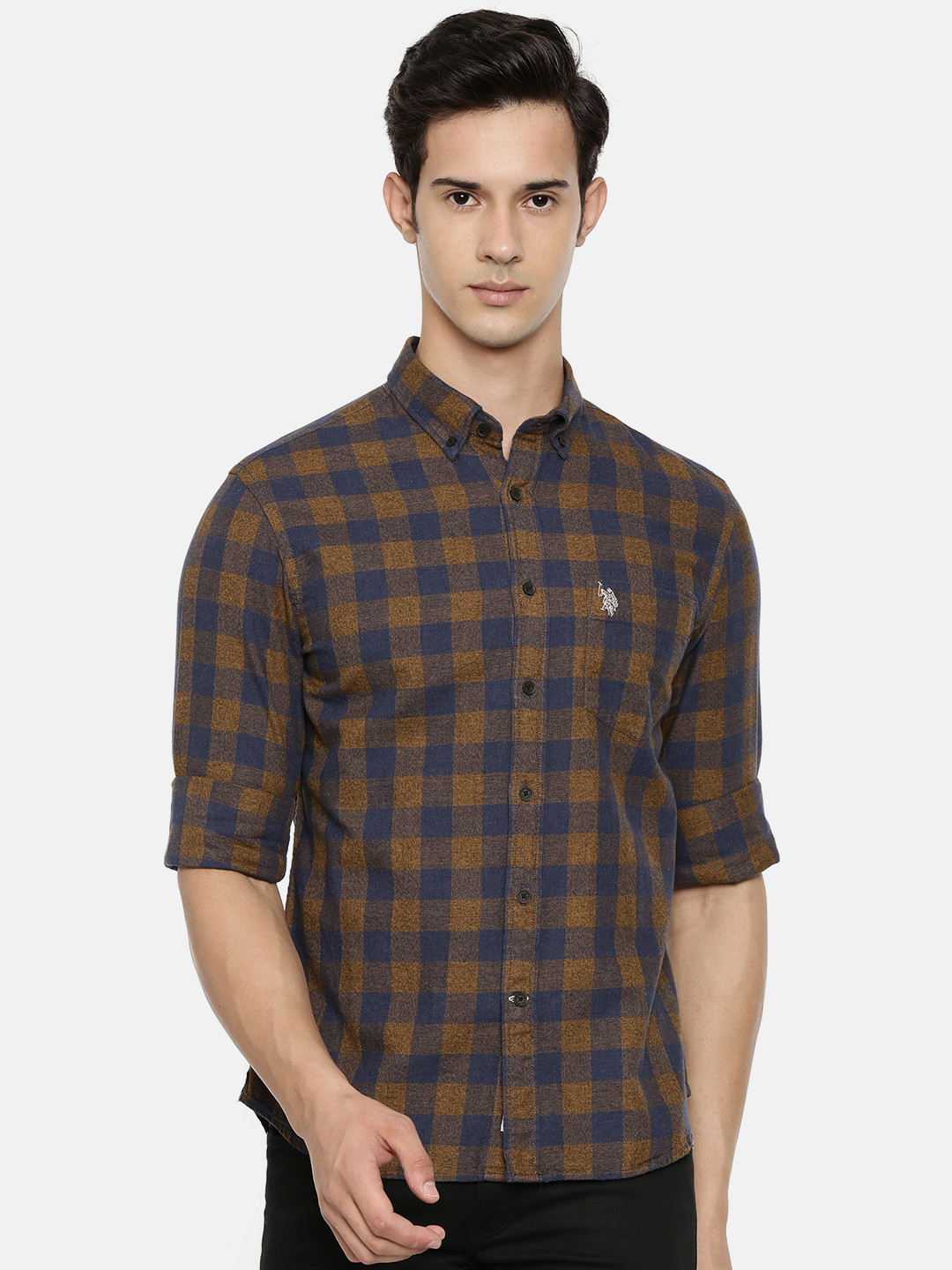 U.S. Polo Assn. Men Mustard Yellow & Blue Tailored Fit Checked Casual Shirt