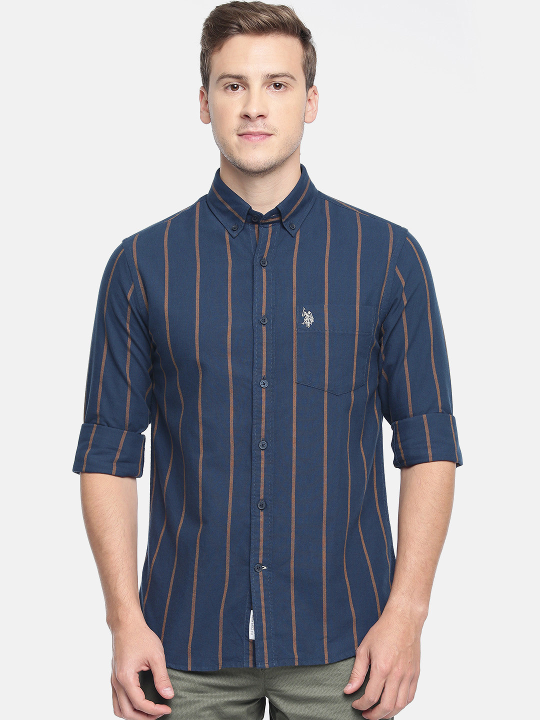 U.S. Polo Assn. Men Navy Blue & Camel Brown Striped Regular Fit Casual Shirt