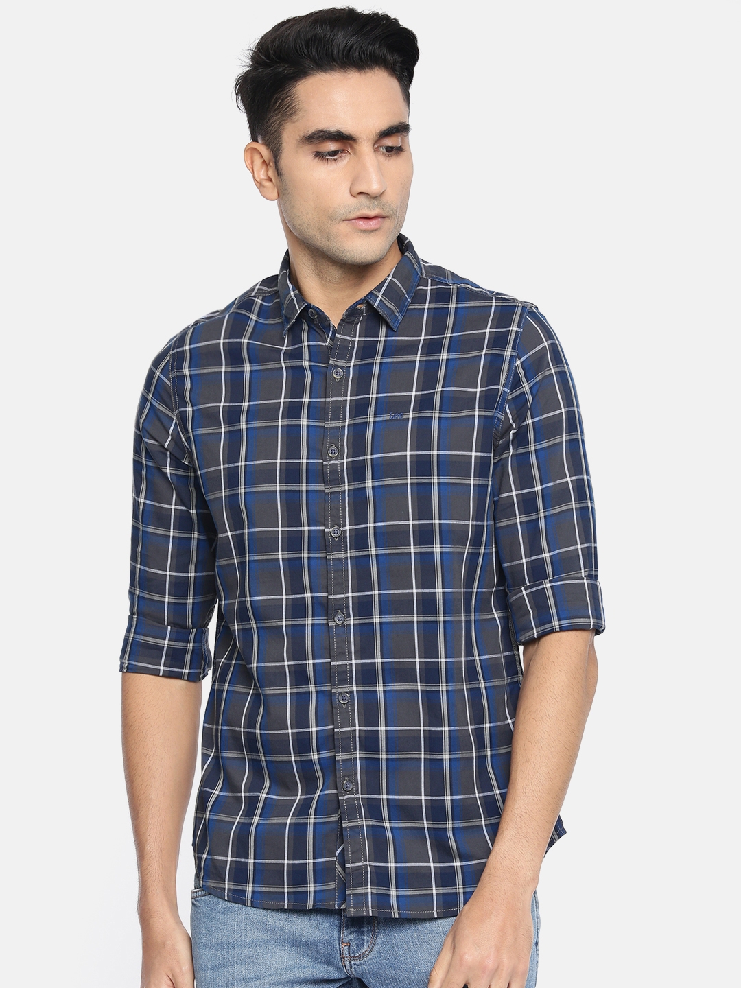 Lee Men Grey   Blue Slim Fit Checked Casual Shirt
