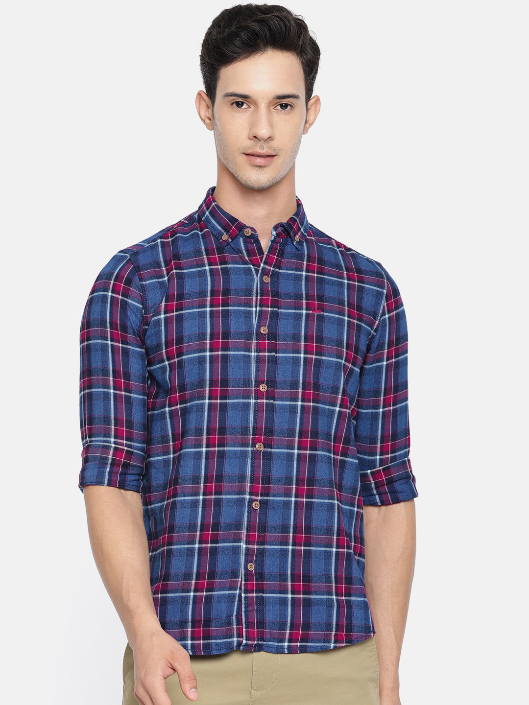 Lee Men Blue & Red Slim Fit Checked Casual Shirt
