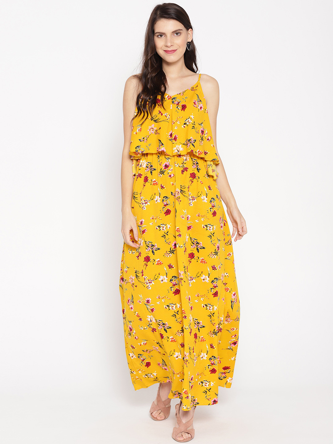 MABISH by Sonal Jain Women Mustard Yellow & Maroon Floral Printed Layered Maxi Dress