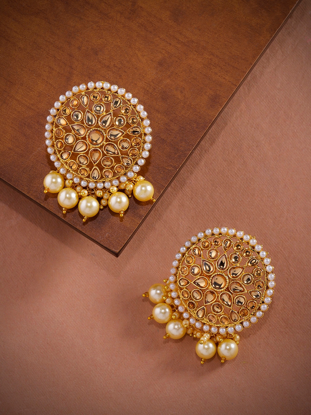 Zaveri Pearls Gold Toned Circular Traditional Dangling Pearl Drop Earrings