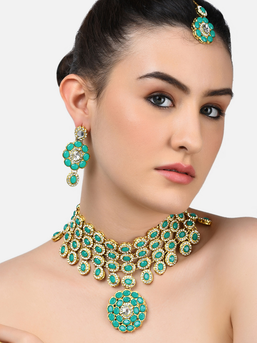 Zaveri Pearls Green Gold-Plated Stones Studded Jewellery Set