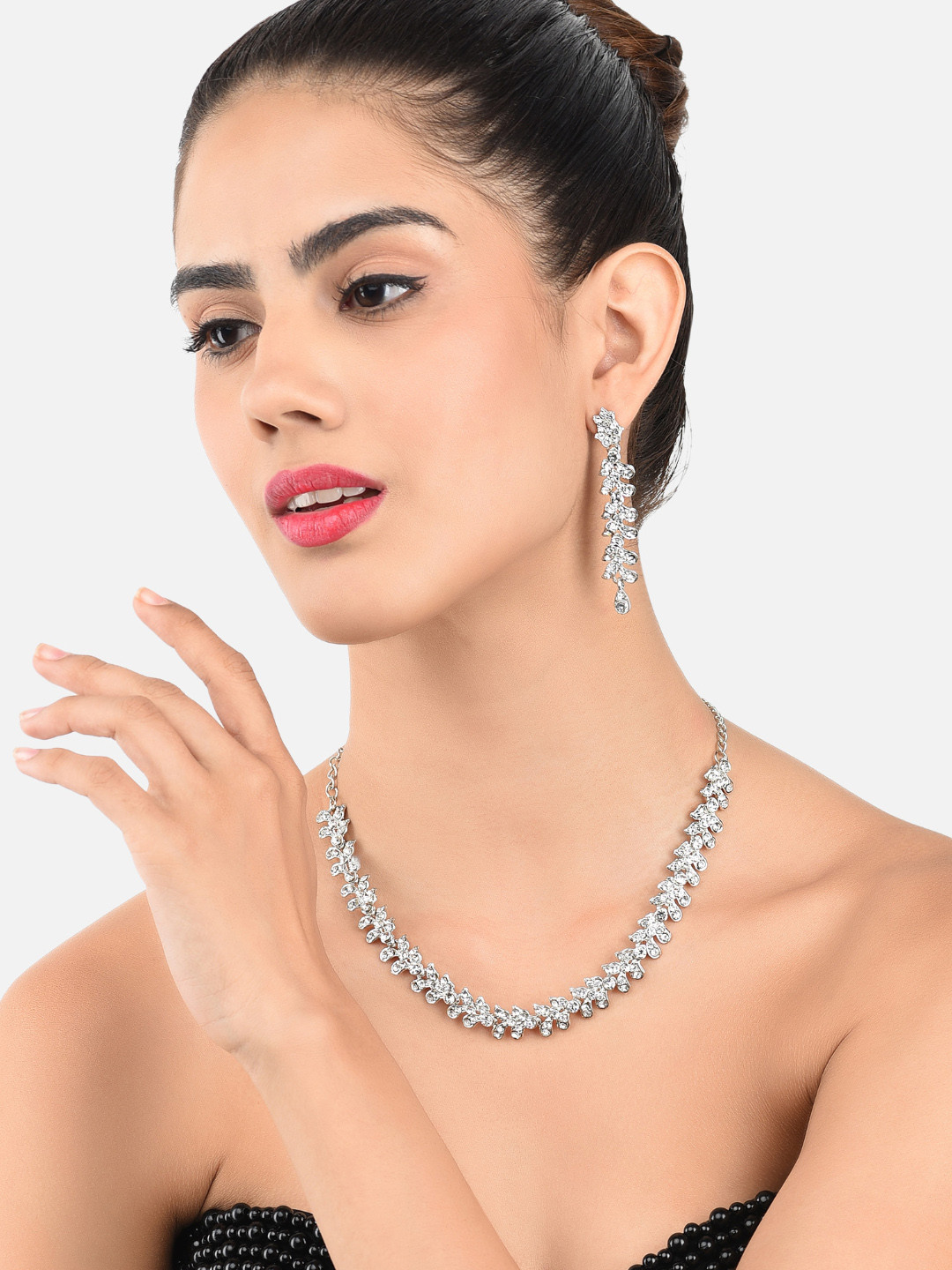 Zaveri Pearls Silver-Plated Austrian Diamonds Studded Contemporary Jewellery Set