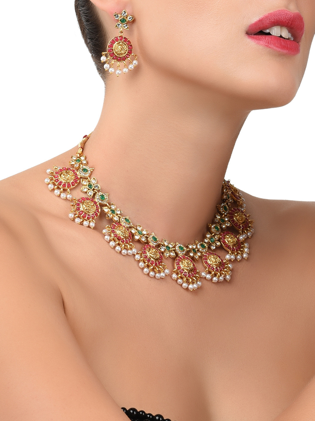 Zaveri Pearls Gold-Toned & Pink Traditional Jewellery Set