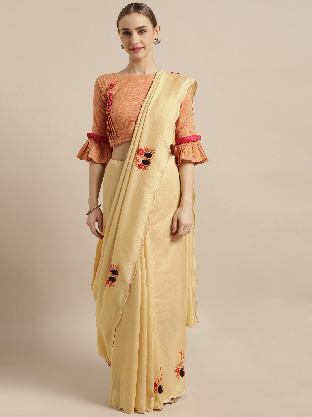 Kvsfab Beige Silk Blend Woven Design Saree