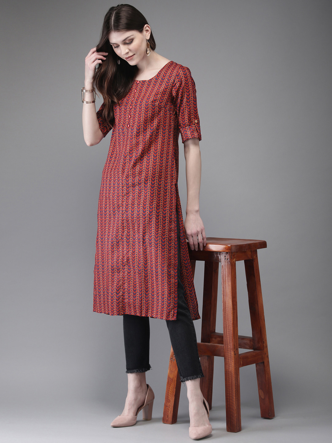 Anouk Women Red & Blue Printed Straight Kurta