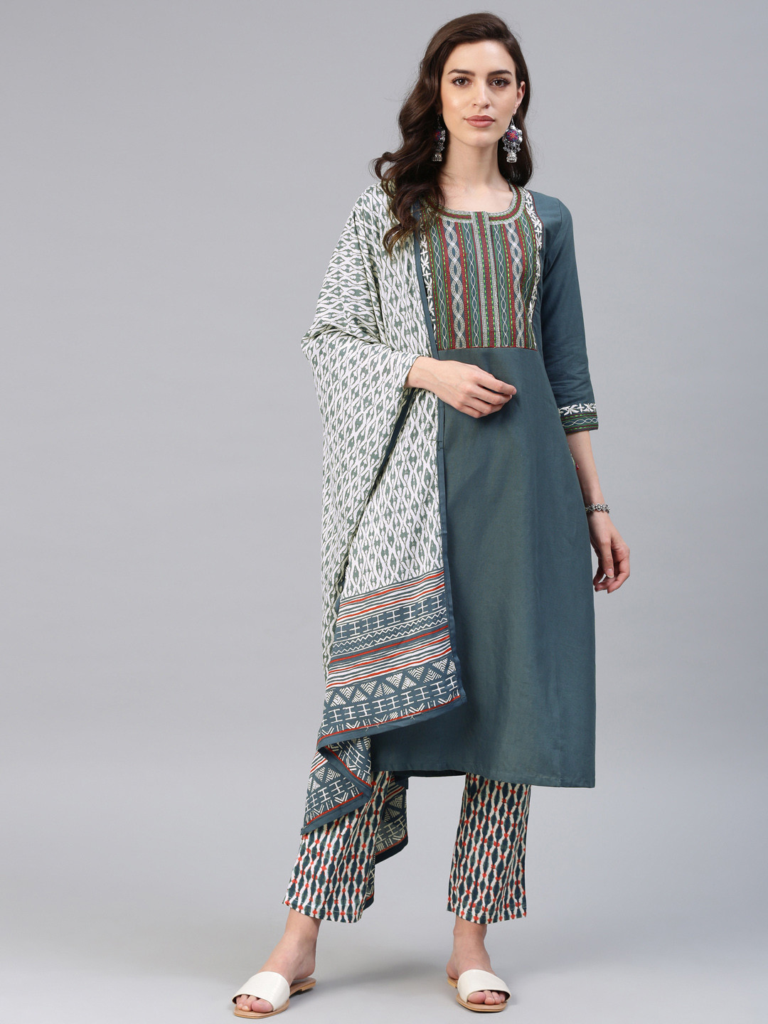 Biba Women Blue & White Embroidered Kurta with Trousers & Dupatta