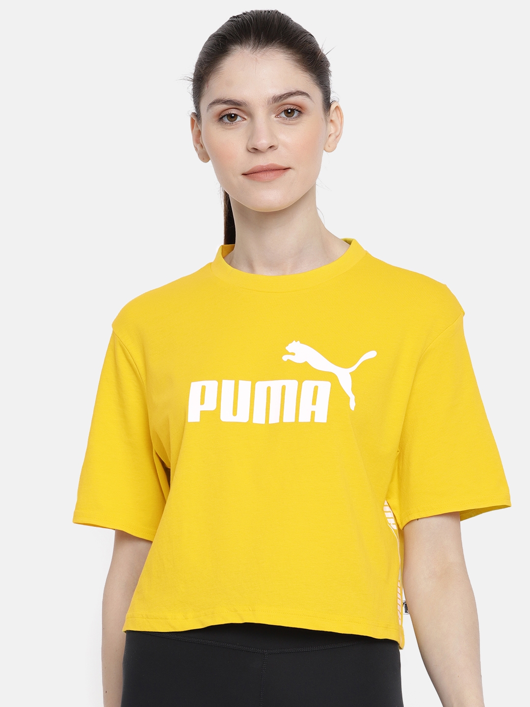 Buy Puma Women Yellow Relaxed Fit Printed Amplified Cropped Round Neck Boxy Pure T Shirt - for Women | Myntra