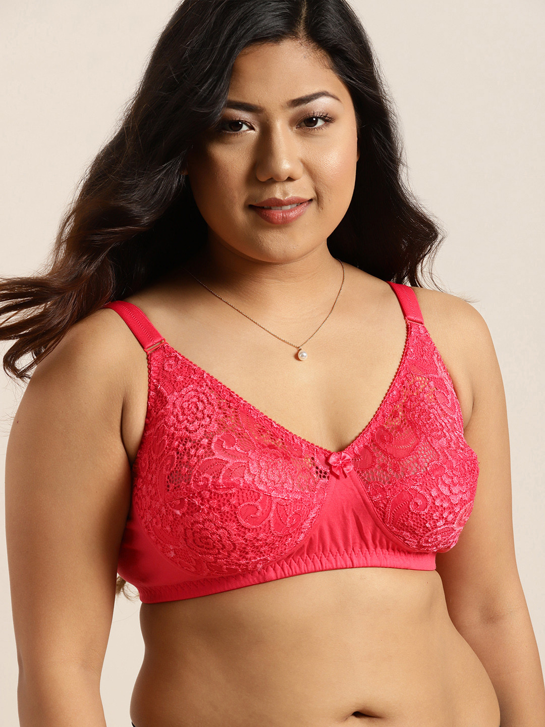 Sztori Plus Size Coral Red Lace Non-Wired Non Padded Everyday Bra SZ-BRA-704E