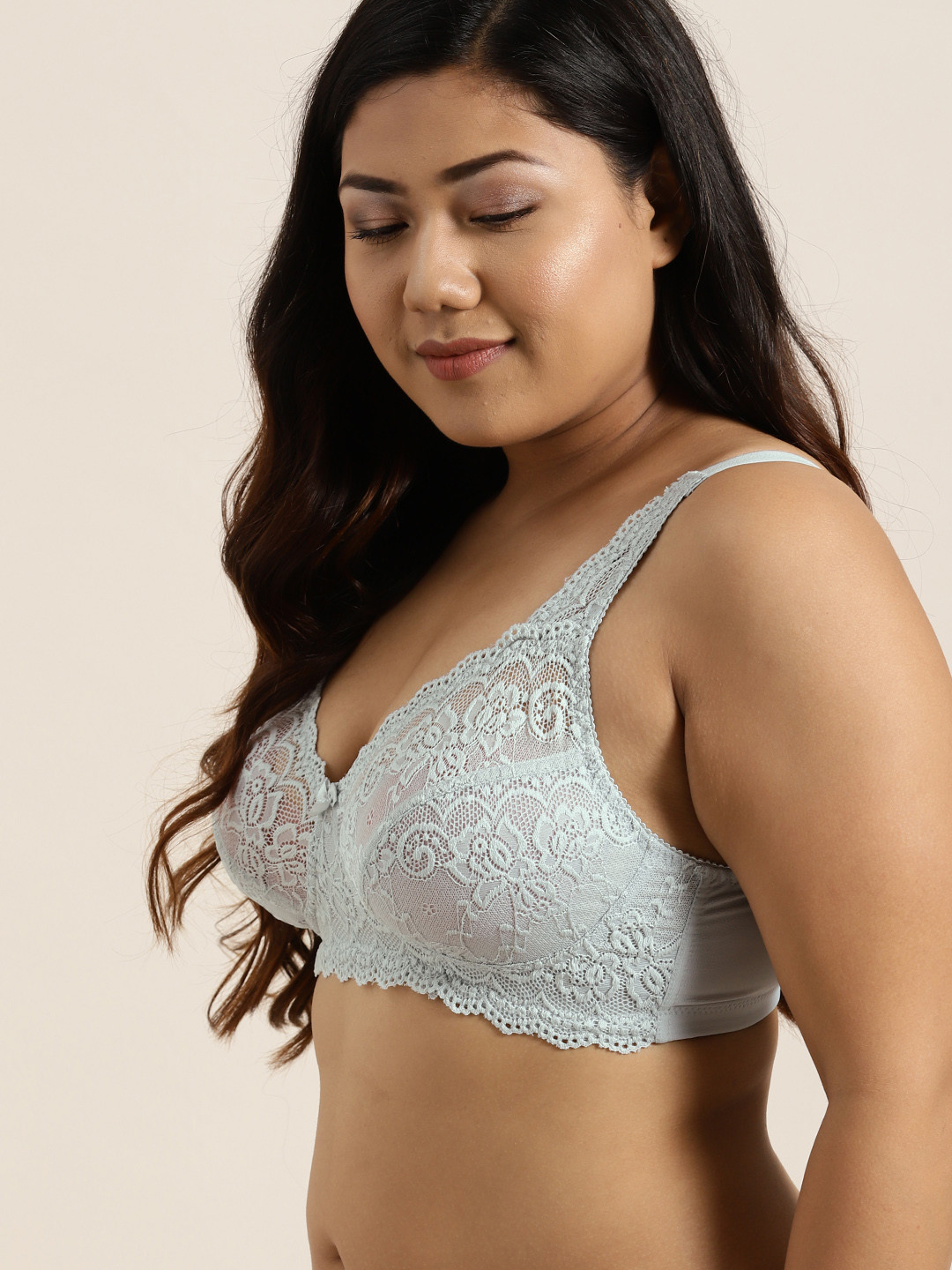 Sztori Plus Size Grey Lace Non-Wired Non Padded Everyday Bra SZ-BRA-705F