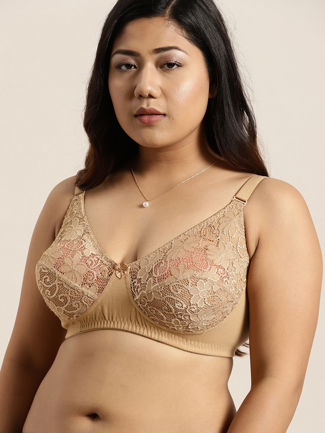 Sztori Plus Size Beige Lace Non-Wired Non Padded Everyday Bra SZ-BRA-704B