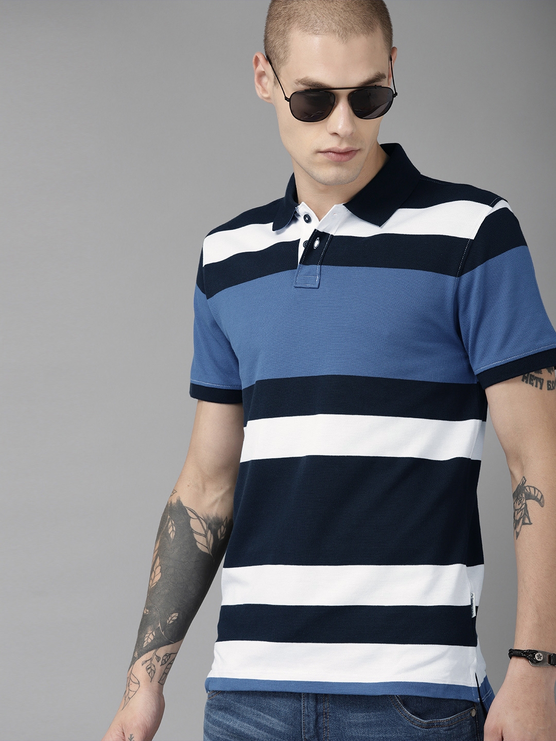 navy blue striped polo shirt